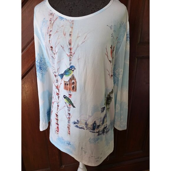 Cactus Winter Bird Print Long Sleeve Top XL - Picture 1 of 9